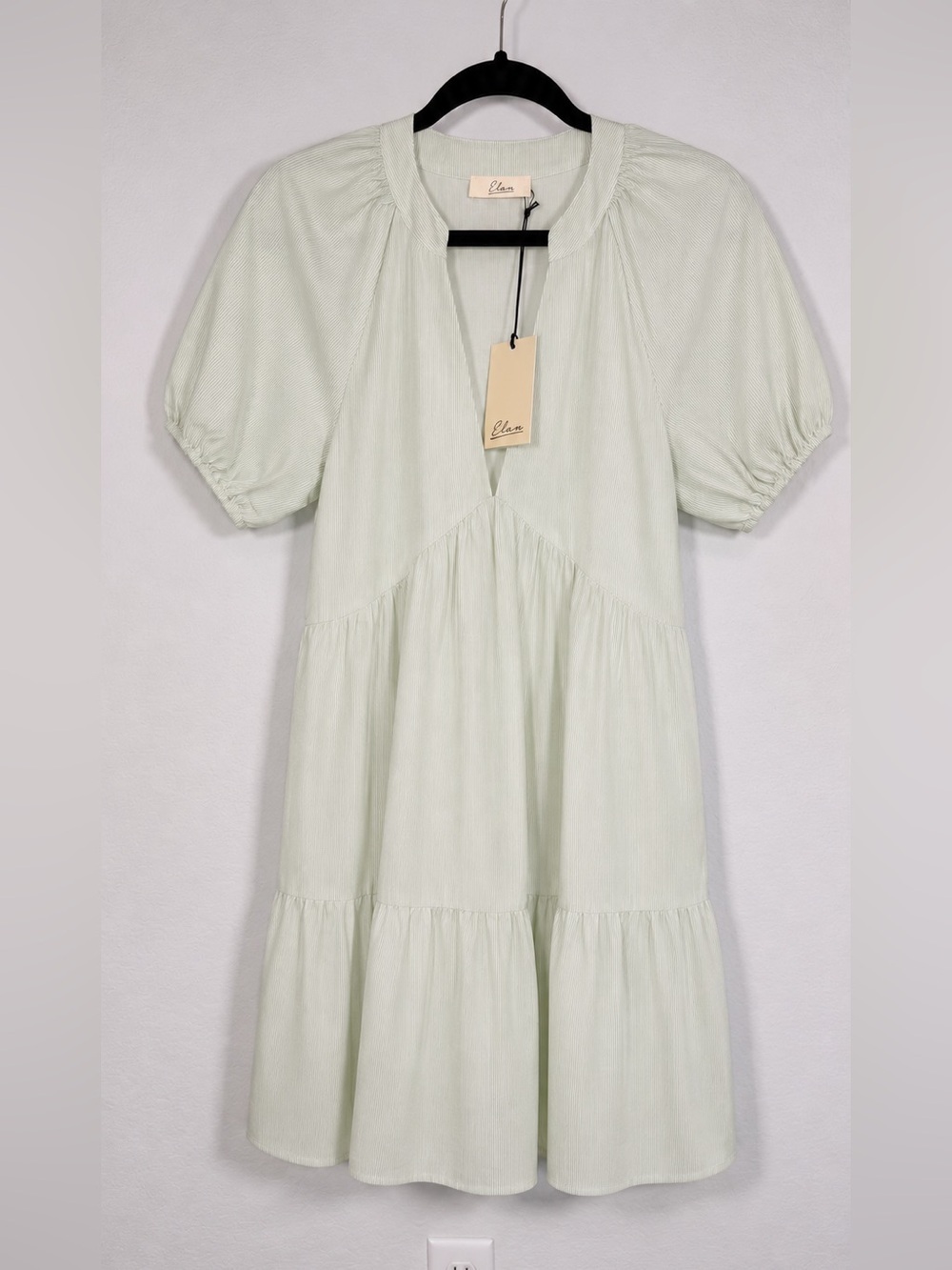 Elan NWT Size S Sage Green Stripe Puff Sleeve Mini Dress w/ Pockets Cottagecore